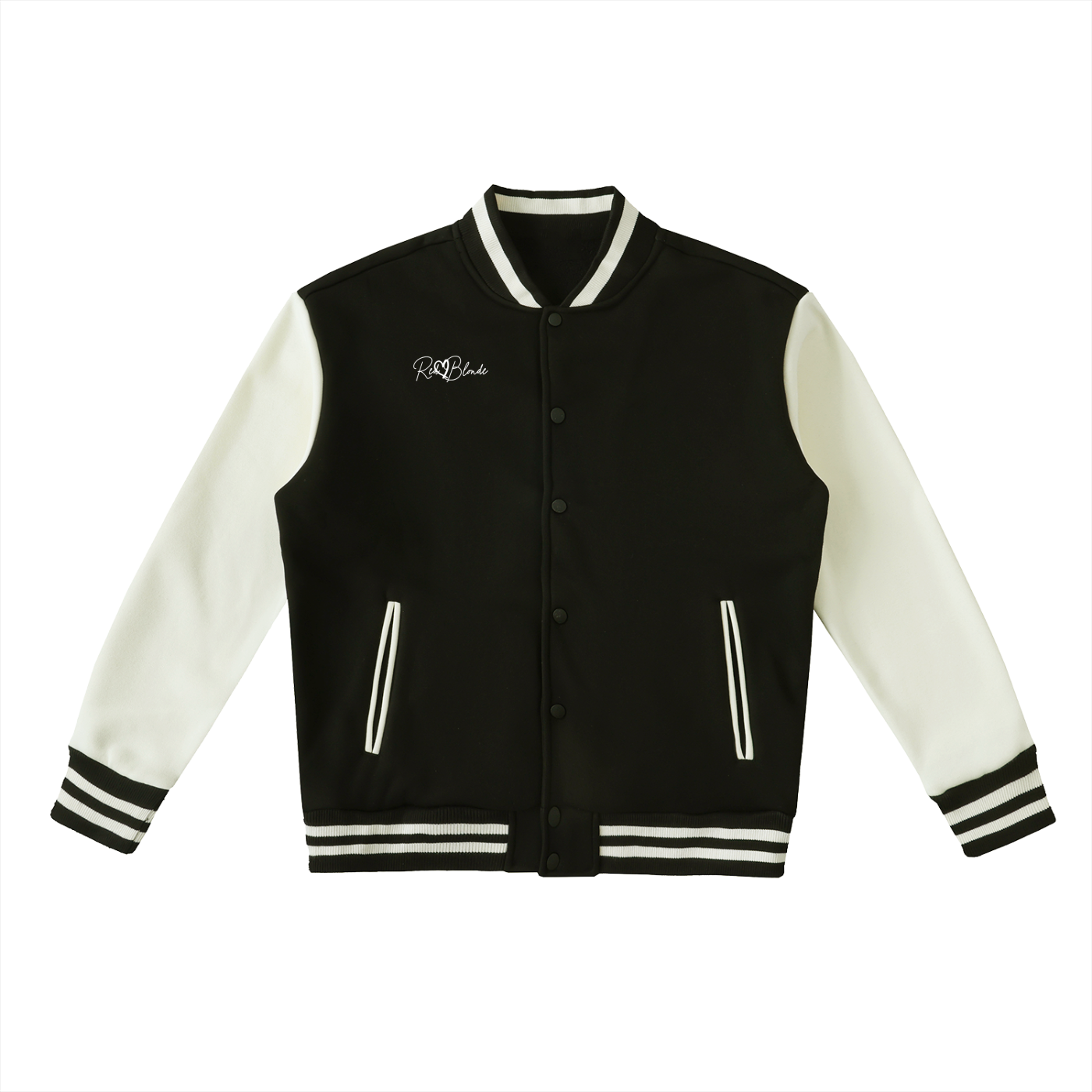 Black and white varsity jacket with a brand logo on a white background