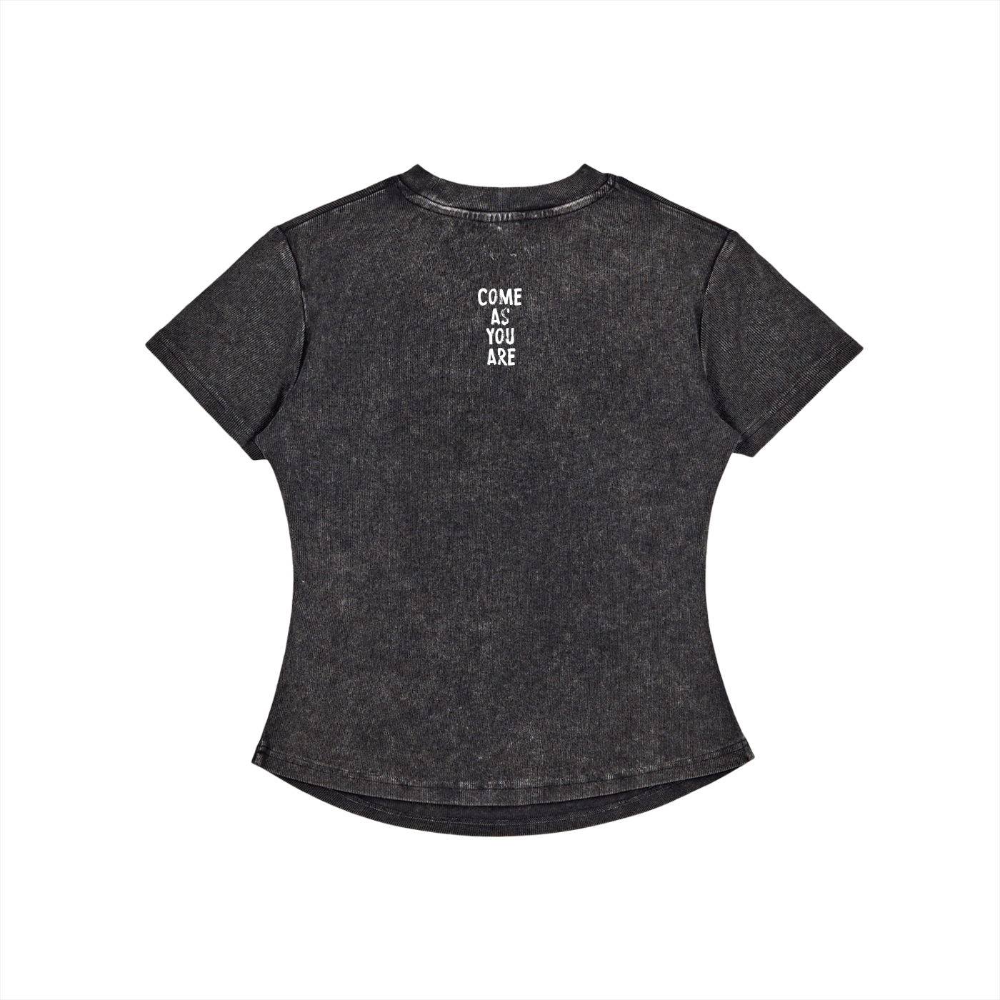 Black t-shirt with 'COME AS YOU ARE' text on a white background