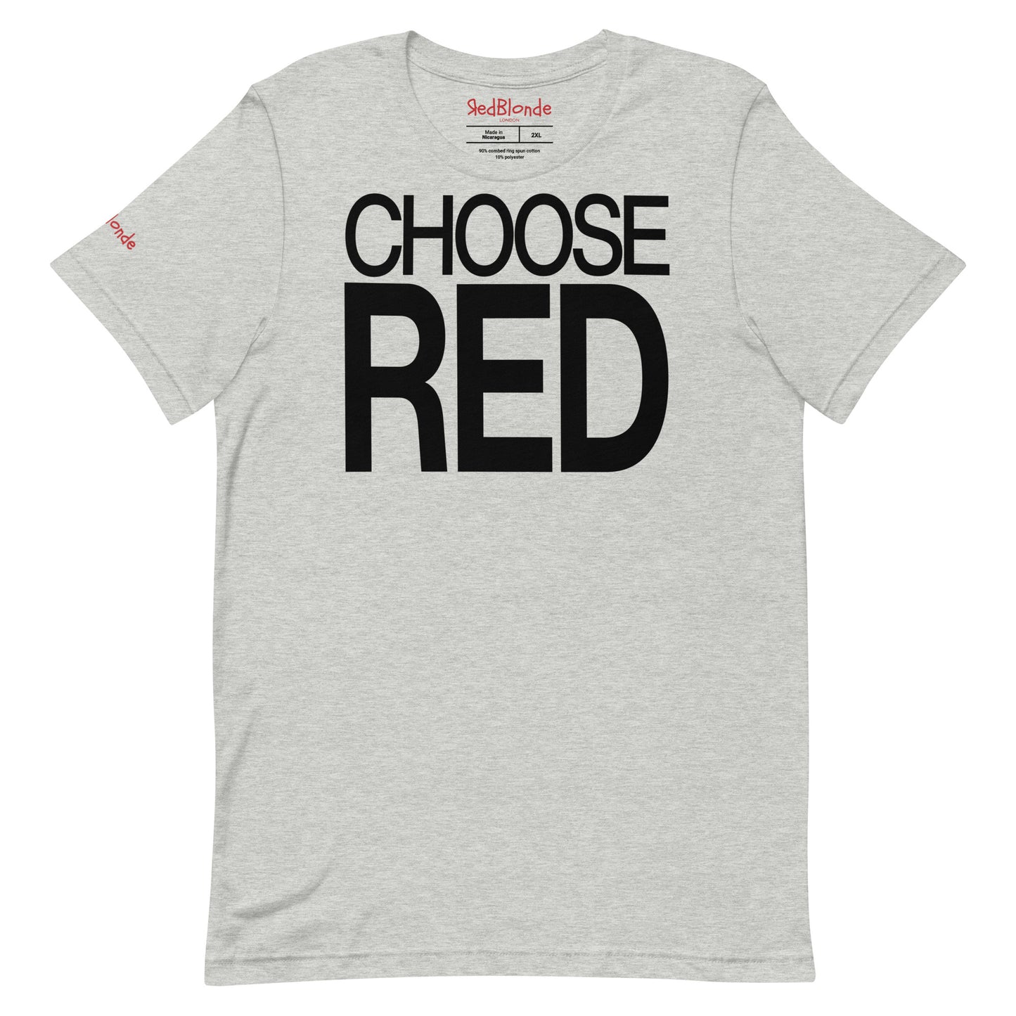 Flatlay of an 80s inspired heather grey relaxed fit unisex t-shirt with the slogan ‘Choose Red’ in black. Branded redblonde london in red on in the inside neck and right sleeve