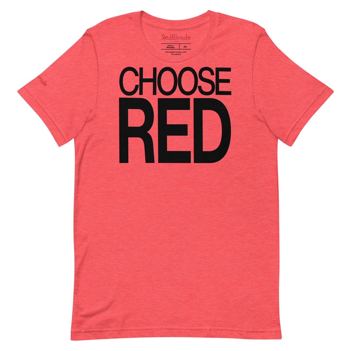 Flatlay of an 80s inspired heather red relaxed fit unisex t-shirt with the slogan ‘Choose Red’ in black. Branded redblonde london in red on in the inside neck and right sleeve