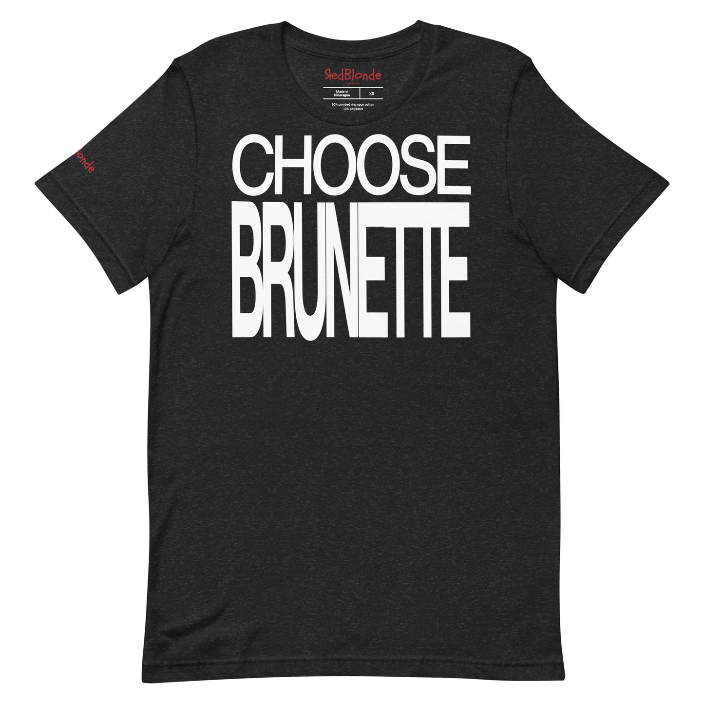Flatlay of an 80s inspired unisex heather black relaxed fit graphic t-shirt with “Choose Brunette” in large caps written in white. Branded RedBlonde on the inside neck and right shoulder in red