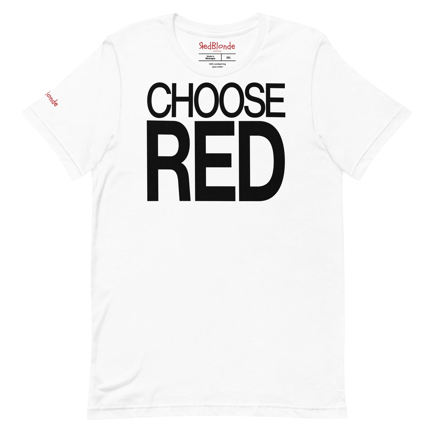 Flatlay of an 80s inspired white relaxed fit unisex t-shirt with the slogan ‘Choose Red’ in black. Branded redblonde london in red on in the inside neck and right sleeve