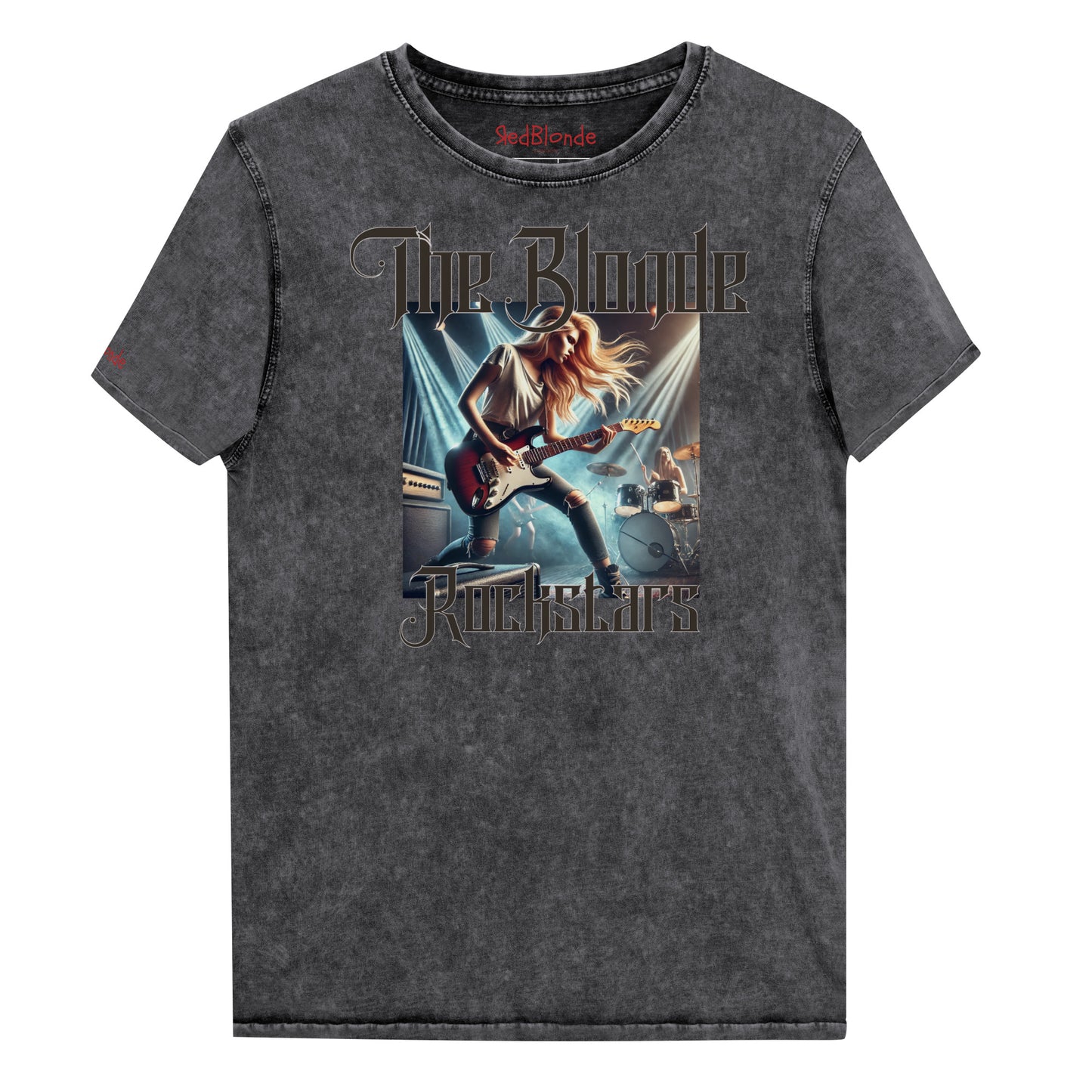 A black denim wash unisex t-shirt with a graphic of a blonde female rock guitarist on stage with a drummer in the background, illuminated by stage lights. The text ‘The Blonde Rockstars’ is in bold, metallic avalen rekas font above and below the image. Branded RedBlonde London in red on the inside neck and right sleeve.