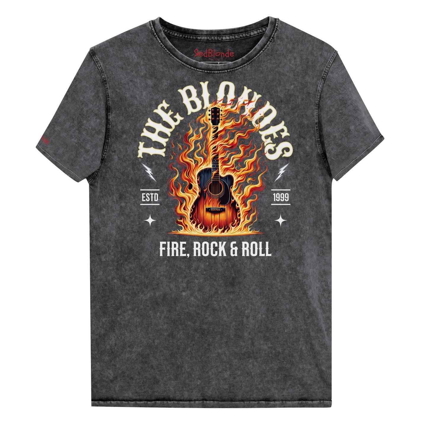 A black denim wash unisex t-shirt with a graphic of a wooden guitar on fire with ‘THE BLONDES’ in Sancreek font above the burning guitar and ‘FIRE, ROCK & ROLL' underneath. Branded RedBlonde London in inside neck and right sleeve.