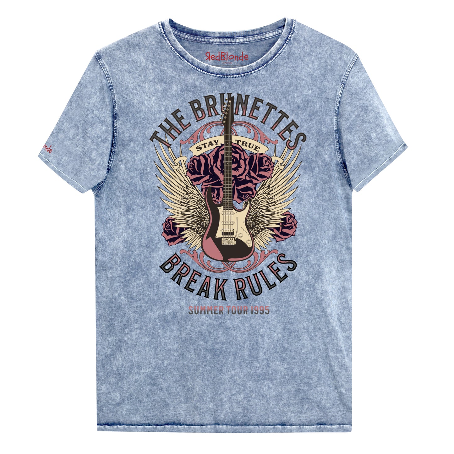 A blue denim wash unisex t-shirt with a burnt pink & beige graphic of a guitar with bird wings emerging from the side. The graphic features ‘THE BRUNETTES’ in Brookfield font above the guitar, ‘STAY TRUE' across the top and 'BREAK RULES’ underneath. Branded RedBlonde London in inside neck and right sleeve.