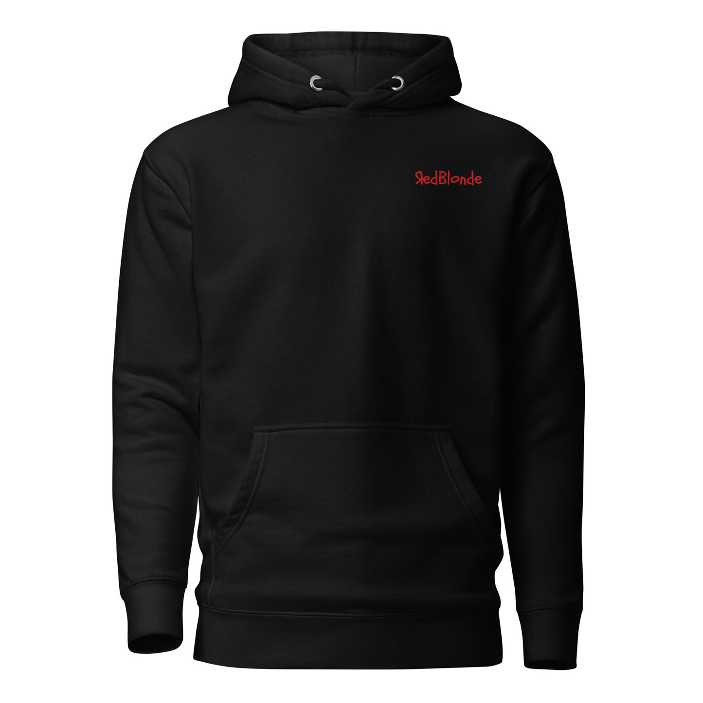 A classic black unisex hoodie with the Branded RedBlonde in red on top right hand shoulder