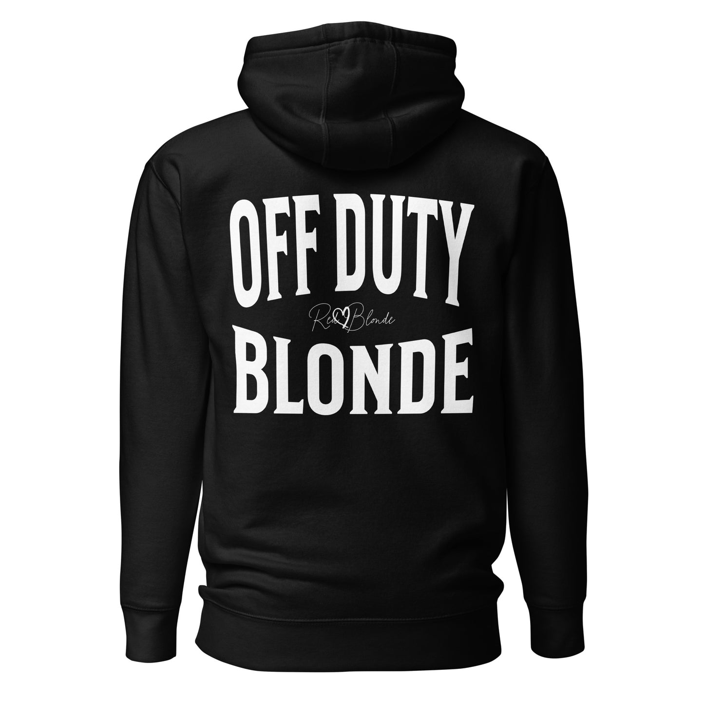 A classic black unisex hoodie with the words 'OFF DUTY BLONDE' written in large Brookfield white font, across the back. Branded RedBlonde London in red on inside neck and right sleeve
