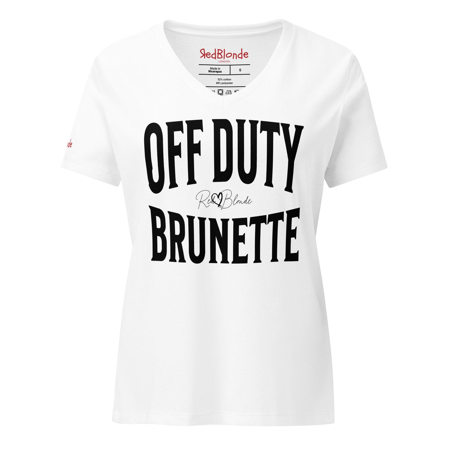A classic white relaxed fit unisex v-neck t-shirt with the words 'OFF DUTY BRUNETTE' written in large Brookfield black font, across the front. Branded RedBlonde London in red on inside neck and right sleeve