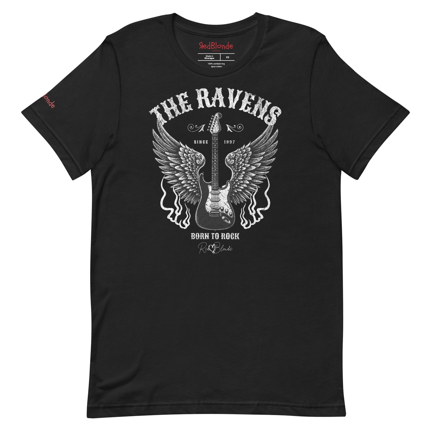 A flatlay of a black unisex t-shirt with a graphic of a black & white guitar with raven bird wings emerging from the side. The graphic features ‘THE RAVENS’ in Sancreek font in a semicircle above the guitar, while ‘BORN TO ROCK’ is underneath. Branded RedBlonde London in inside neck and right sleeve
