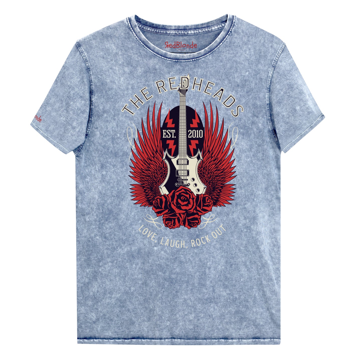 A flatlay of a blue denim wash unisex t-shirt with a graphic of a black & white guitar with red bird wings emerging from the side. The graphic features ‘THE REDHEADS' in Brookfield font in a semicircle above the guitar, while ‘Love, laugh, rock out’ is underneath. Branded RedBlonde London in inside neck and right sleeve