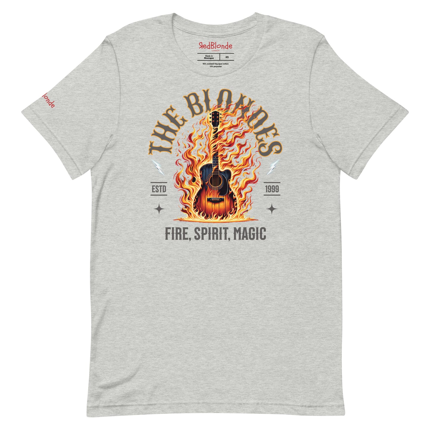 A grey unisex t-shirt with a graphic of a wooden guitar on fire with ‘THE BLONDES’ in Sancreek font above the burning guitar and ‘FIRE, SPIRIT, MAGIC' underneath. Branded RedBlonde London in inside neck and right sleeve.