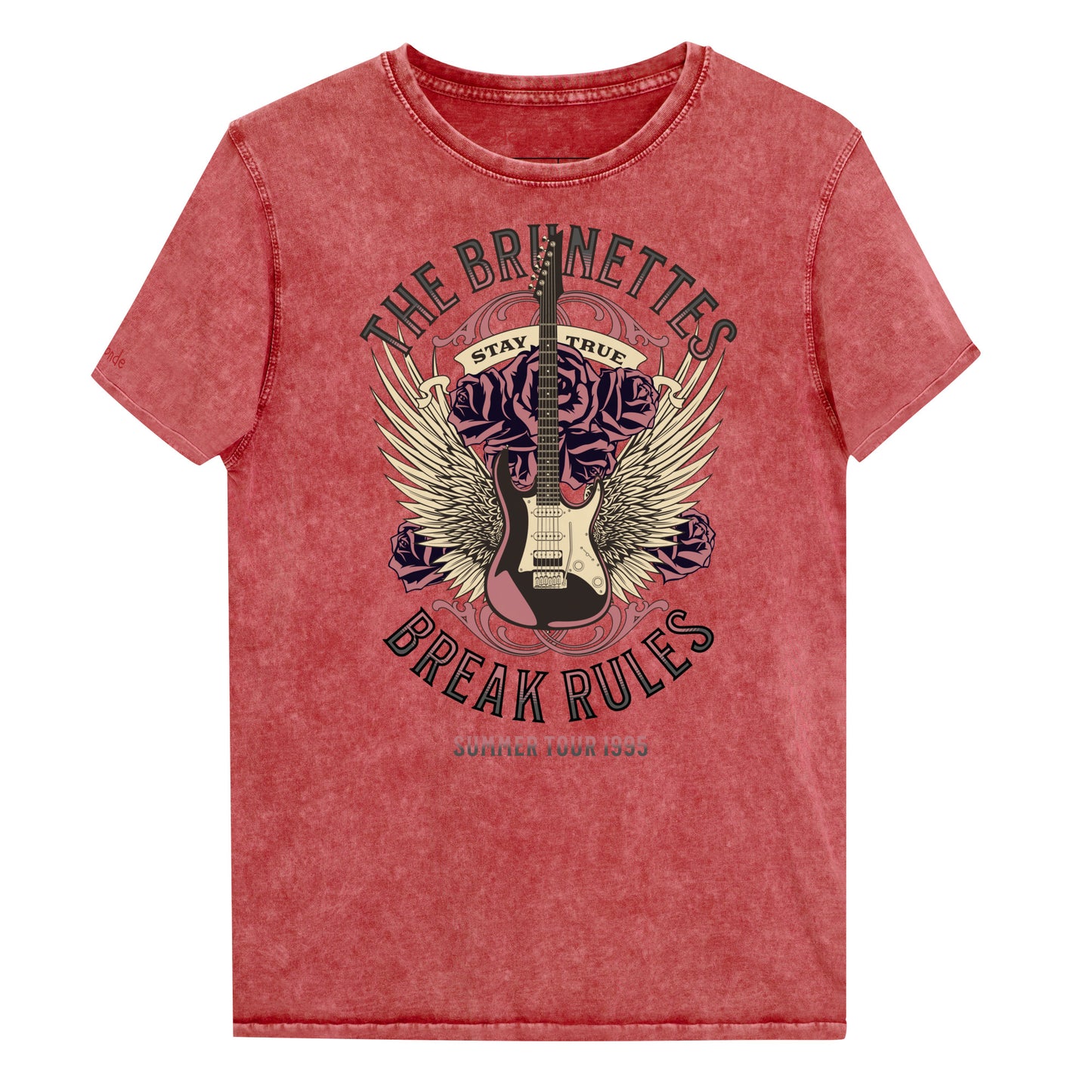 A red garnet denim wash unisex t-shirt with a burnt pink & beige graphic of a guitar with bird wings emerging from the side. The graphic features ‘THE BRUNETTES’. in Brookfield font above the guitar, ‘STAY TRUE' across the top and 'BREAK RULES’ underneath. Branded RedBlonde London in inside neck and right sleeve.