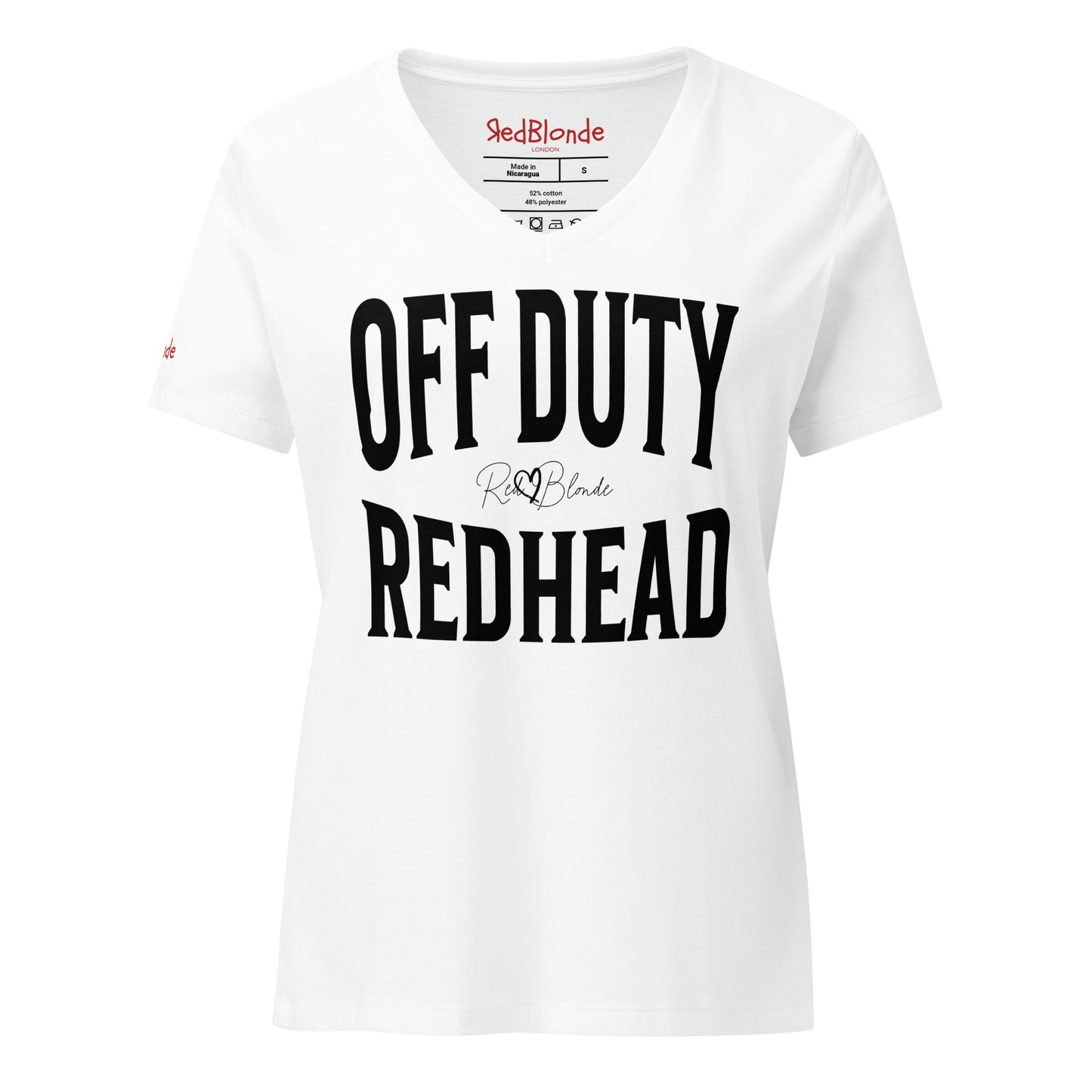 A white relaxed fit unisex v-neck t-shirt with the words 'OFF DUTY REDHEAD' written in large Brookfield black font, across the front. Branded RedBlonde London in red on inside neck and right sleeve