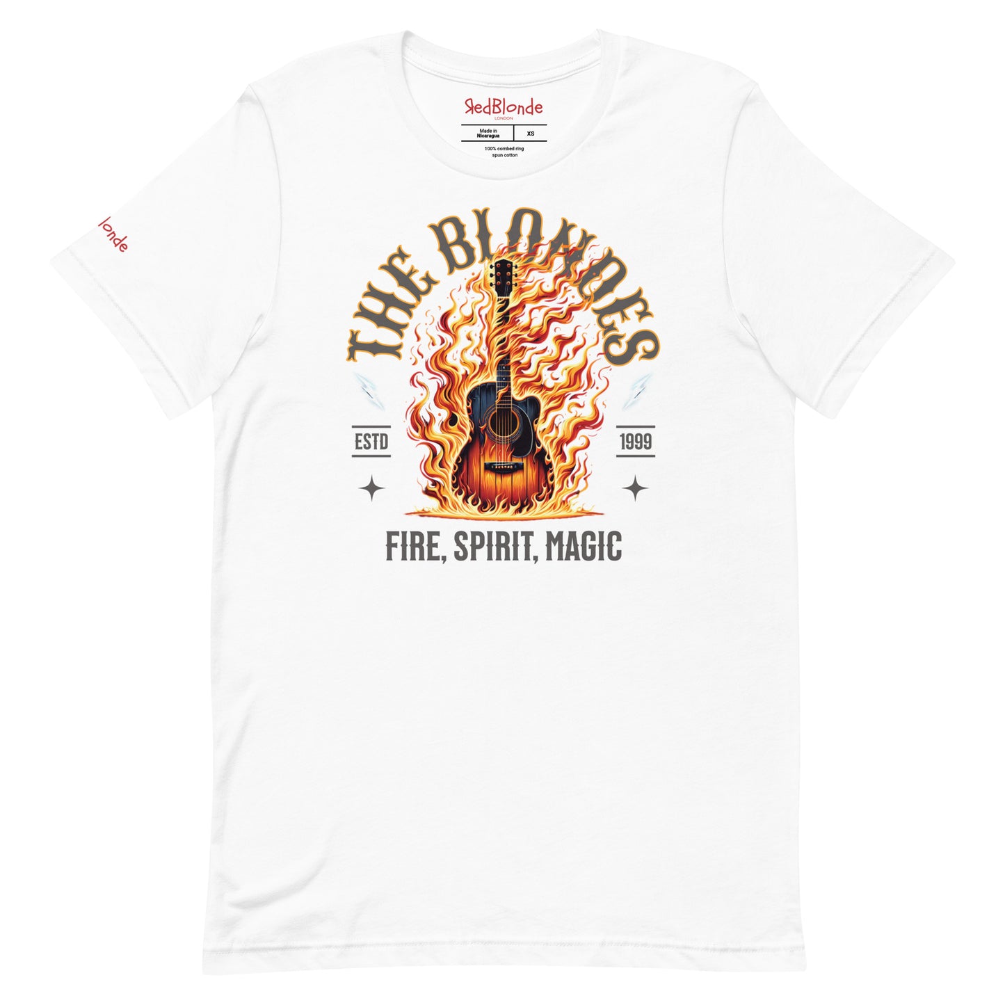 A white unisex t-shirt with a graphic of a wooden guitar on fire with ‘THE BLONDES’ in Sancreek font above the burning guitar and ‘FIRE, SPIRIT, MAGIC' underneath. Branded RedBlonde London in inside neck and right sleeve.