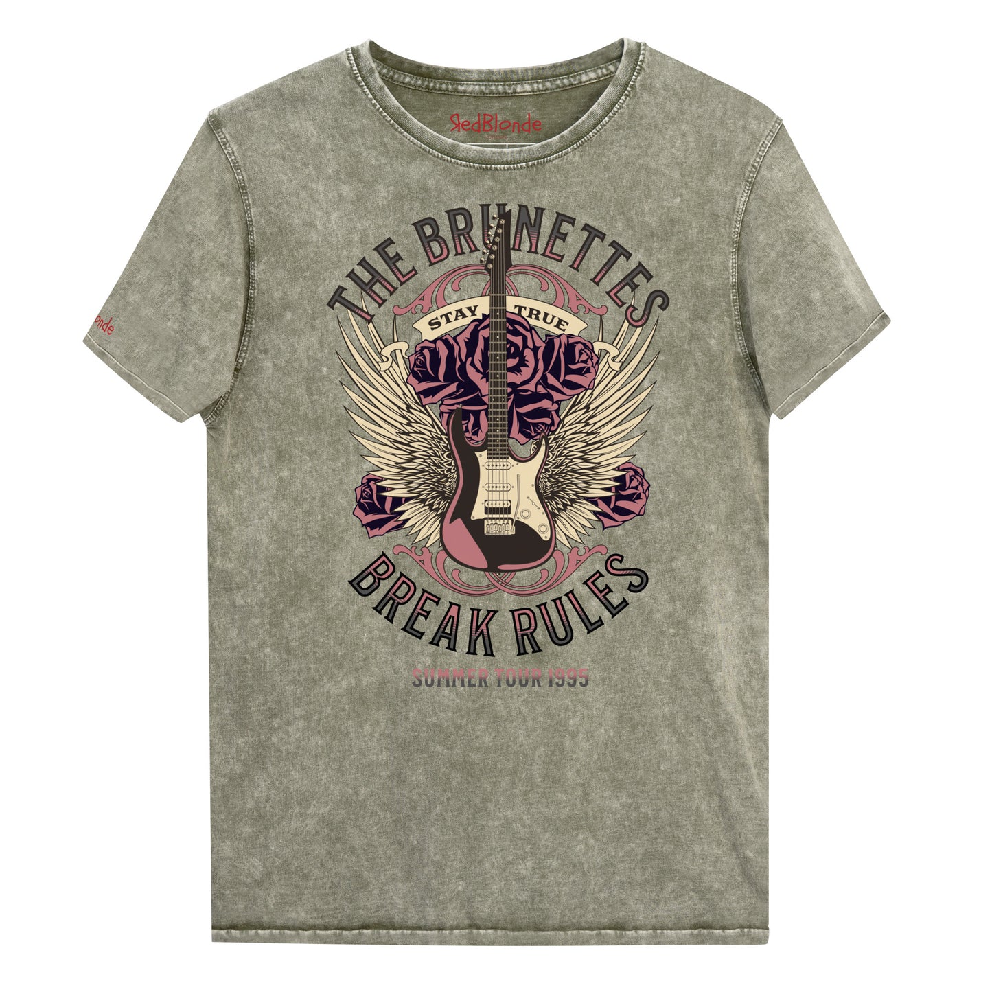 An army green denim wash unisex t-shirt with a burnt pink & beige graphic of a guitar with bird wings emerging from the side. The graphic features ‘THE BRUNETTES’ in Brookfield font above the guitar, ‘STAY TRUE' across the top and 'BREAK RULES’ underneath. Branded RedBlonde London in inside neck and right sleeve.