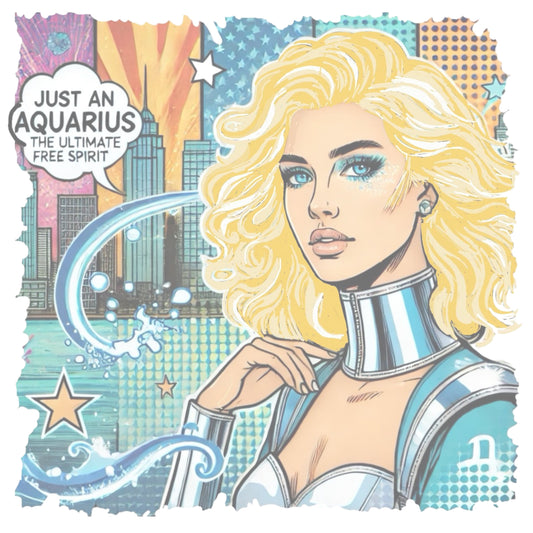 Retro pop-art Aquarius graphic showing the head and shoulders of a blonde woman with blue highlights wearing a sci-fi type silver choker and outfit, with a city background with tentacles and stars captioned, "Just an Aquarius, the ultimate free spirit". Branded Redblonde in red on inside neck and right shoulder