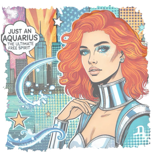Retro pop-art redhead Aquarius graphic showing the head and shoulders of a redhead woman with blue highlights wearing a sci-fi type silver choker and outfit, with a city background with tentacles and stars captioned, "Just an Aquarius, the ultimate free spirit"