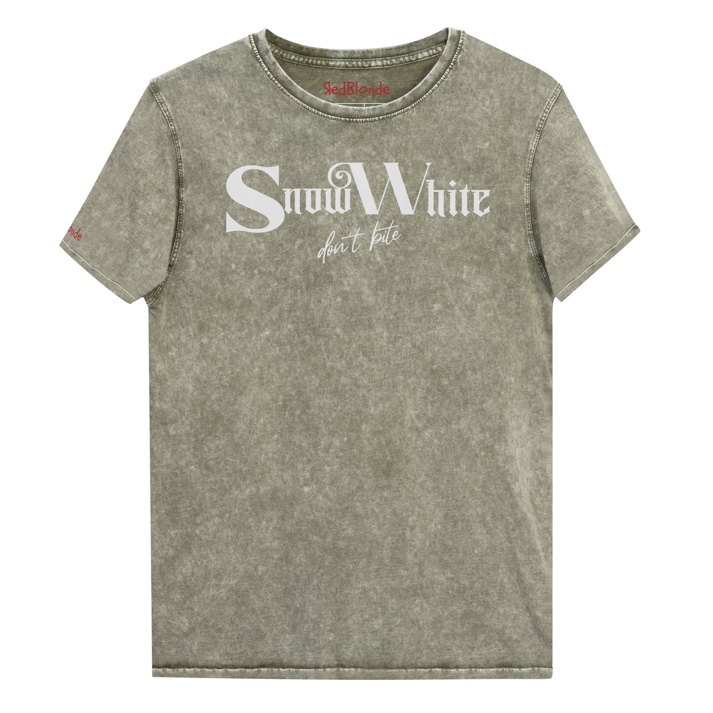 Army Green acid wash denim look unisex t-shirt featuring white Angel Rhapsody gothic-inspired font that reads “Snow White” and the phrase “don’t bite” written underneath in a cursive script. Branded RedBlonde London in red on inside neck and right sleeve