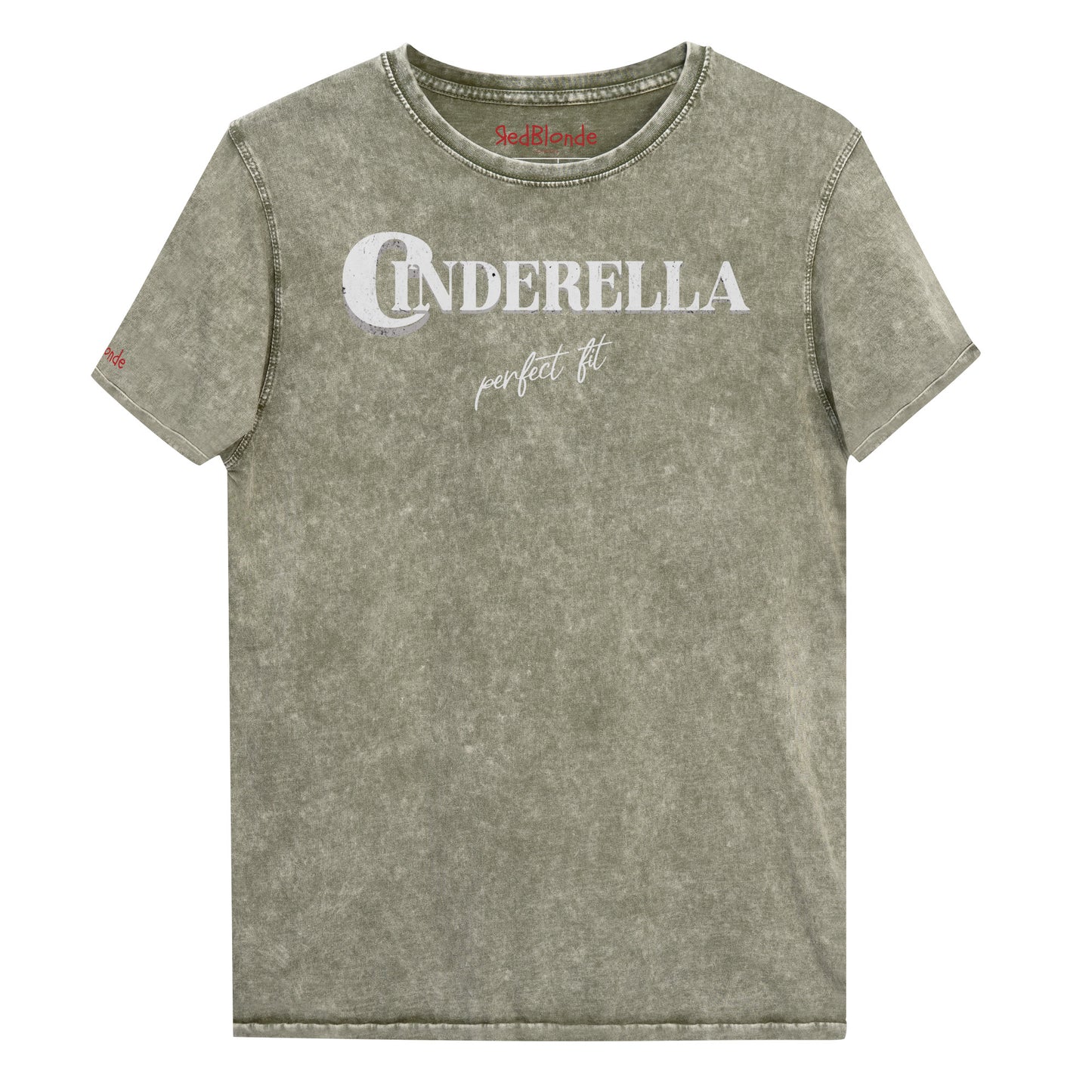 Army Green acid wash vintage look unisex t-shirt featuring white merger text that reads “Cinderella” with a decorative crescent moon incorporated into the letter C, and the phrase “perfect fit” written underneath in an elegant cursive script.