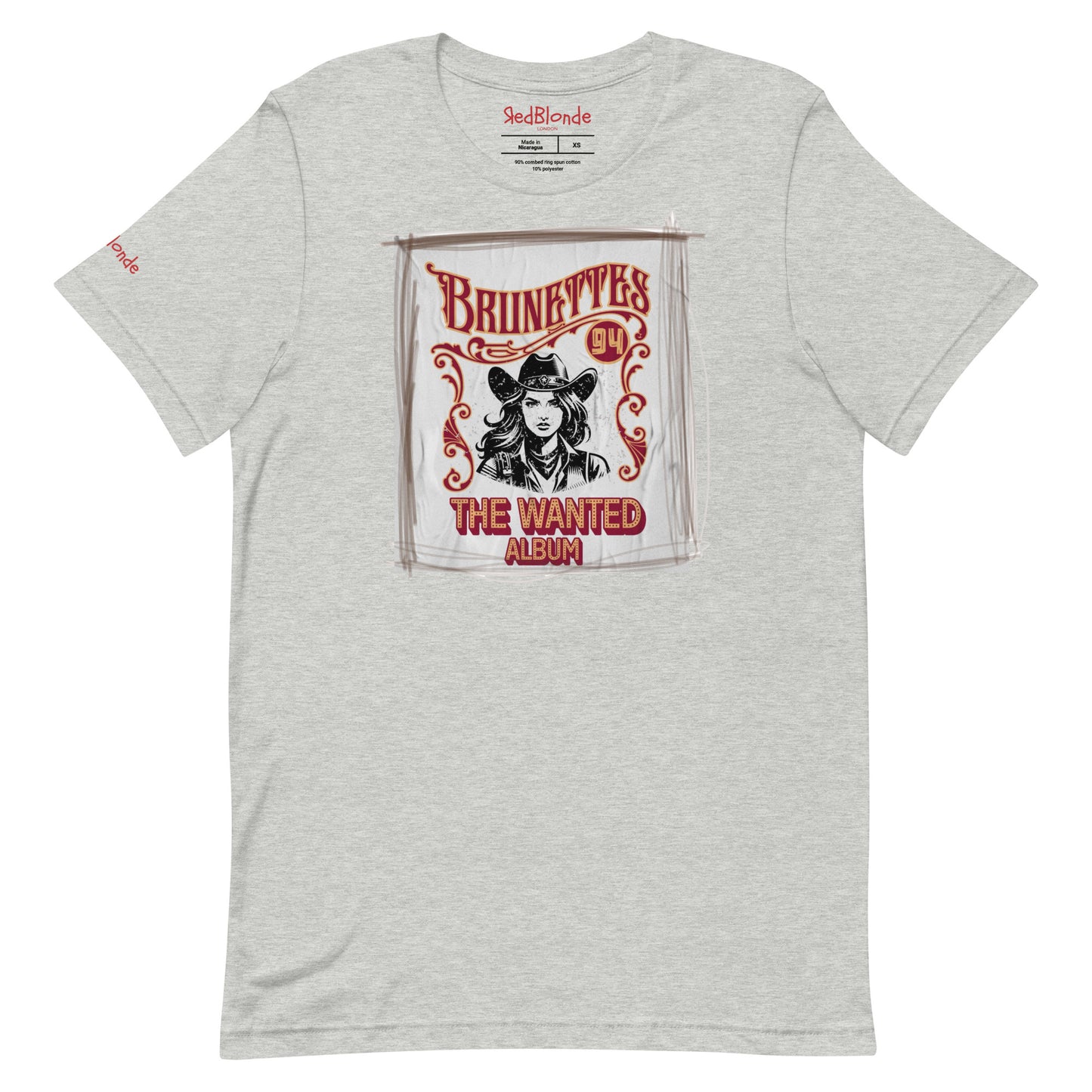 Athletic heather gray classic unisex relaxed fit t-shirt with graphic of an album cover featuring a girl in a cowboy hat with the words ' Brunettes'94 - The Wanted Album'. Branded RedBlonde in red on inside neck and right sleeve.