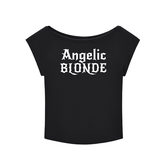 black wide-neck t-shirt with white gothic New Rockstar text reading “Angelic Blonde” across the chest.