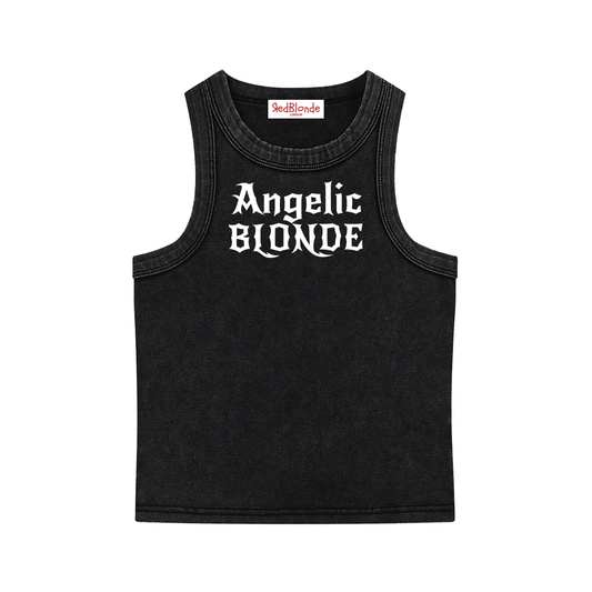 black snow-washed tank t-shirt with white gothic New Rockstar text reading “Angelic Blonde” across the chest.