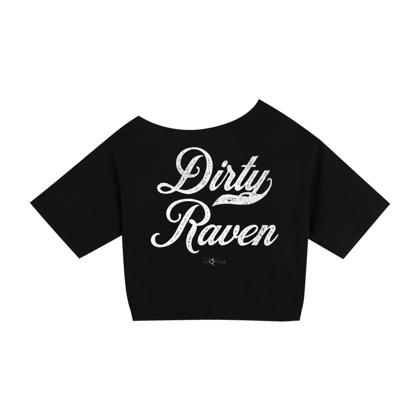 Back view of a Black asymmetric off-the-shoulder waist length t-shirt featuring the bold white distressed Milkstore font “Dirty Raven” with the RedBlonde logo printed below. The relaxed, oversized fit and one-shoulder neckline give it a modern, effortless look.