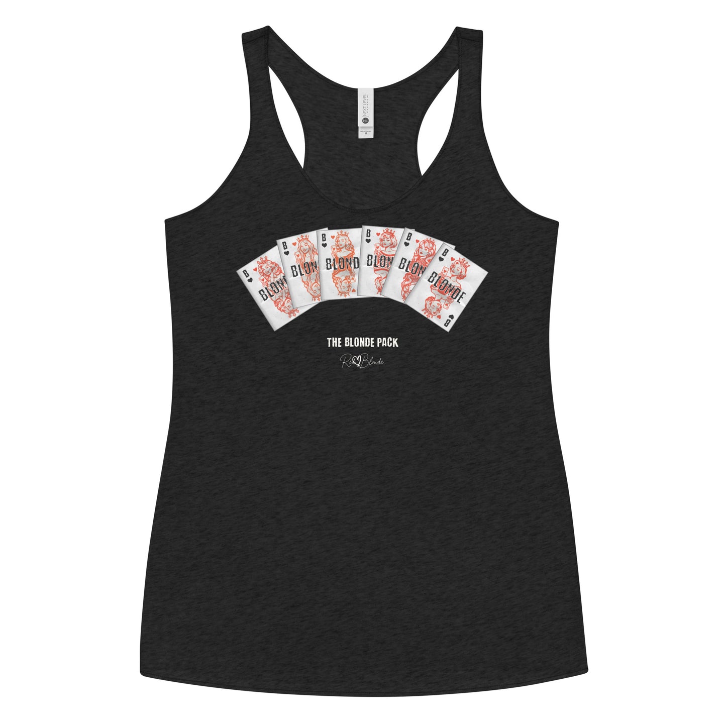 A women’s vintage black racerback tank top featuring a bold graphic of Queen playing cards spread across the chest, each card with a famous blonde. Below the cards, the text reads “THE BLONDE PACK” with the RedBlonde signature logo.