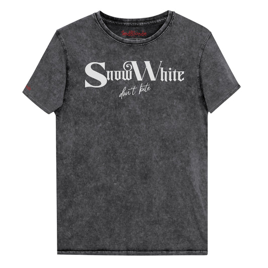 Black acid wash denim look unisex t-shirt featuring white Angel Rhapsody gothic-inspired font that reads “Snow White” and the phrase “don’t bite” written underneath in a cursive script. Branded RedBlonde London in red on inside neck and right sleeve