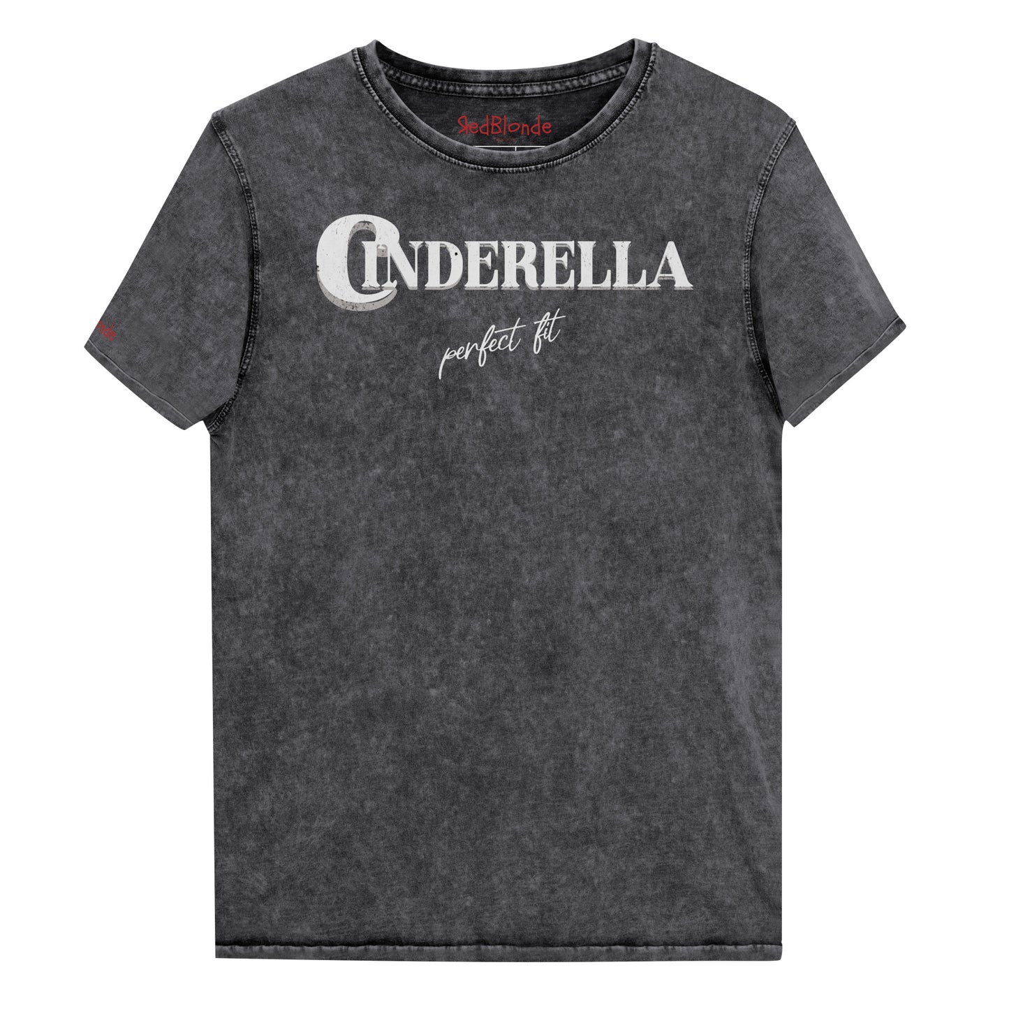 Black acid wash vintage look unisex t-shirt featuring white merger text that reads “Cinderella” with a decorative crescent moon incorporated into the letter C, and the phrase “perfect fit” written underneath in an elegant cursive script.