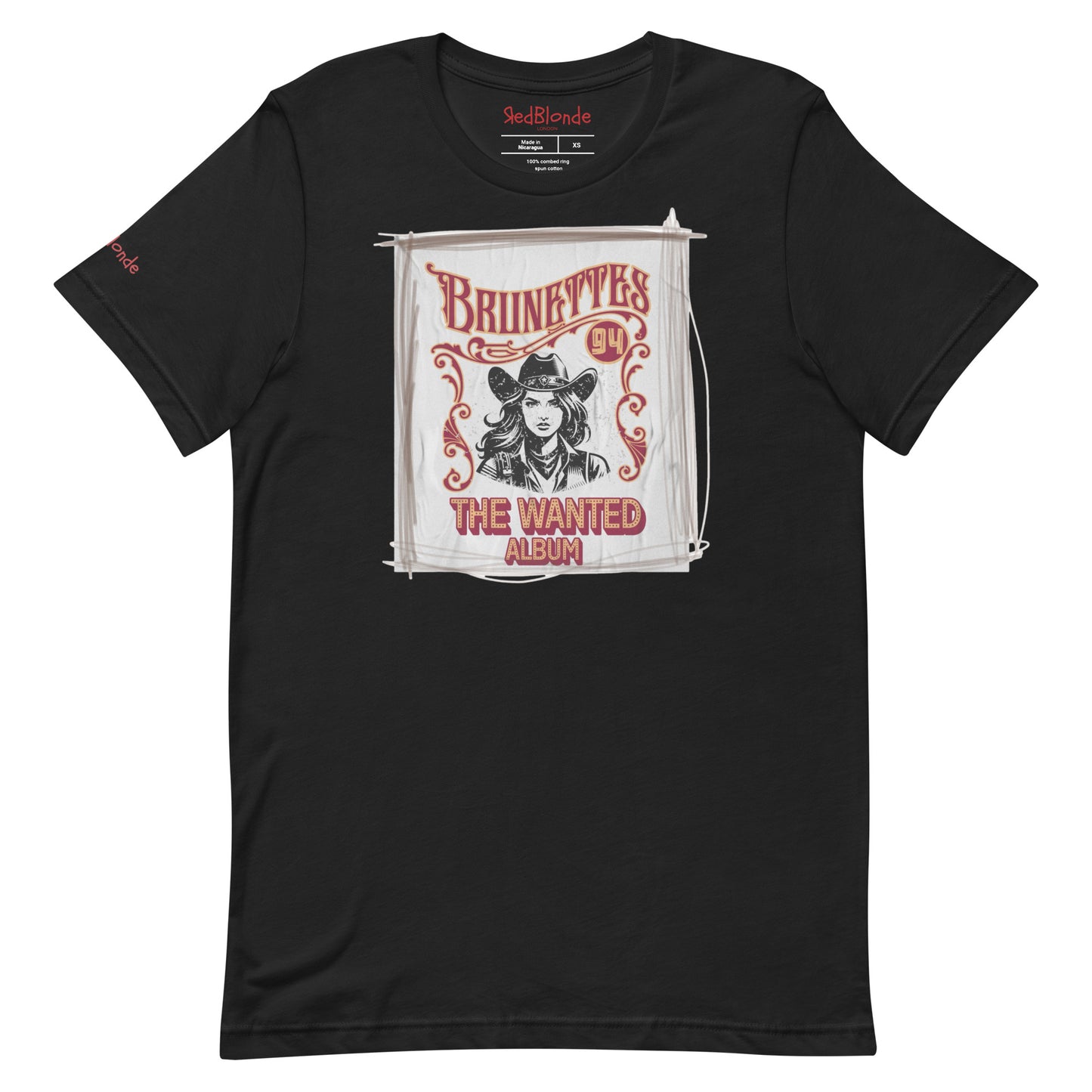 Black classic unisex relaxed fit t-shirt with graphic of an album cover featuring a girl in a cowboy hat with the words ' Brunettes'94 - The Wanted Album'. Branded RedBlonde in red on inside neck and right sleeve.