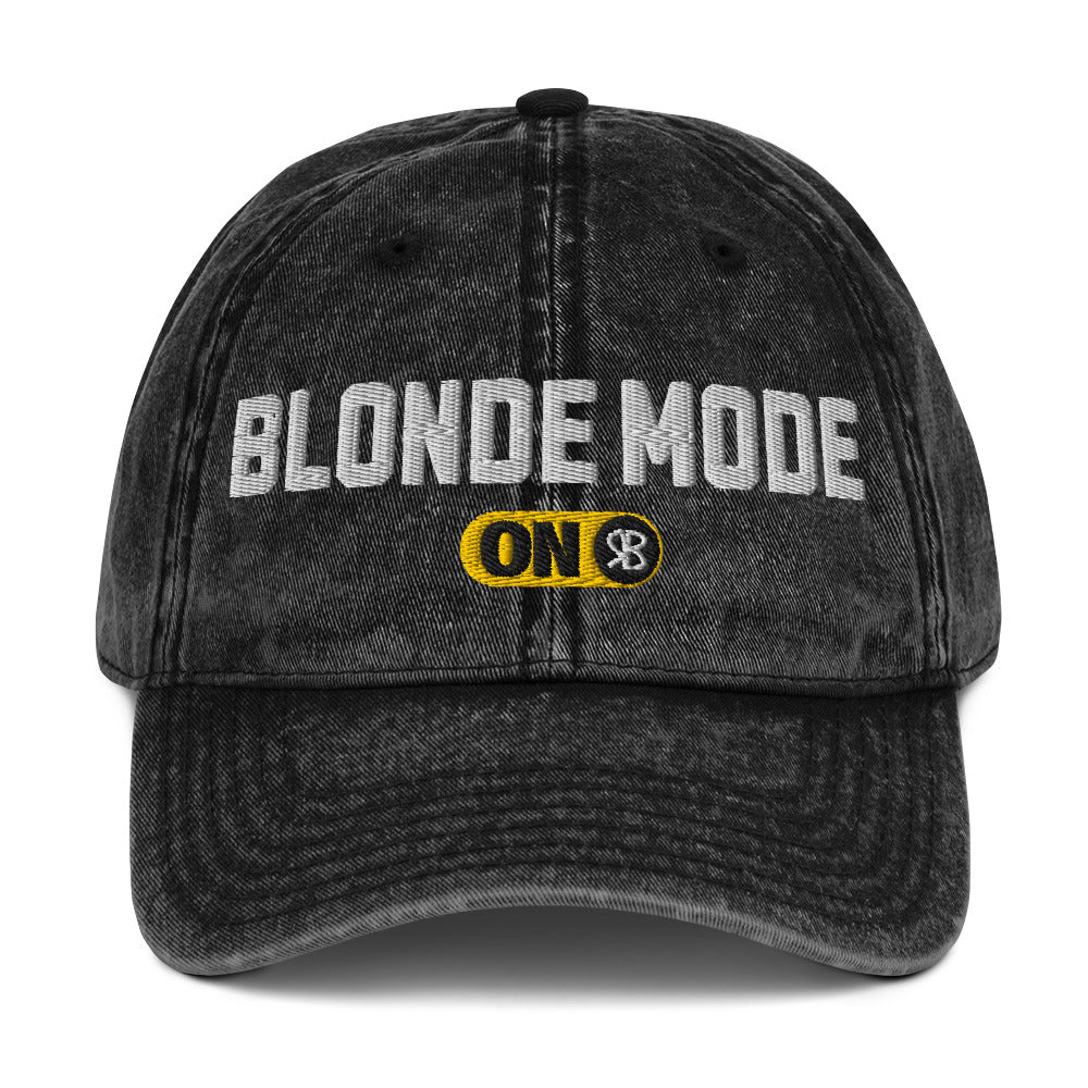 Black denim cap with 'Blonde Mode ON' embroidered in white Univercity font with RB logo