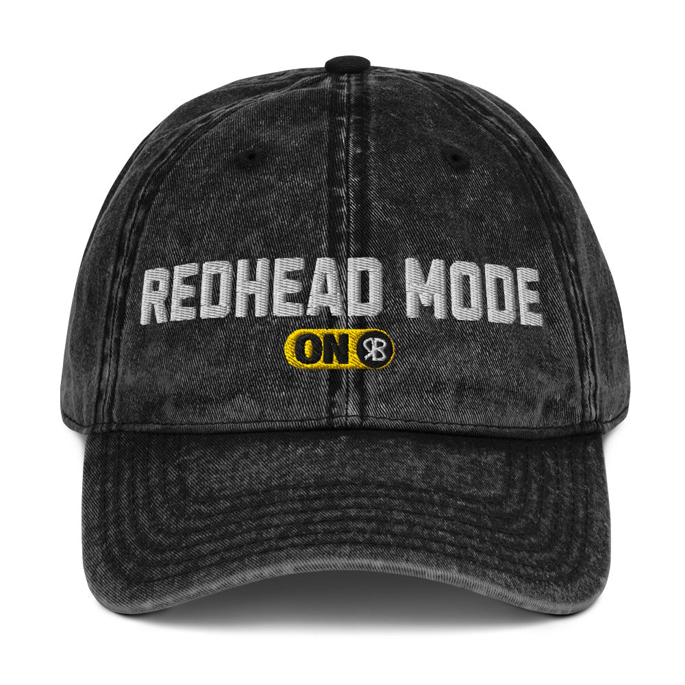 Black denim cap with 'Redhead Mode ON' embroidered in white Univercity font with RB logo