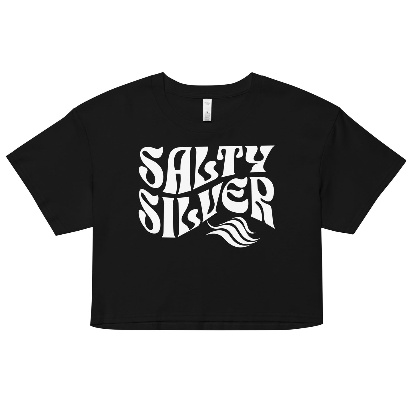 Black loose women's crop top t-shirt with the words ‘Salty Silver’ in white solino display retro wavy 70s font