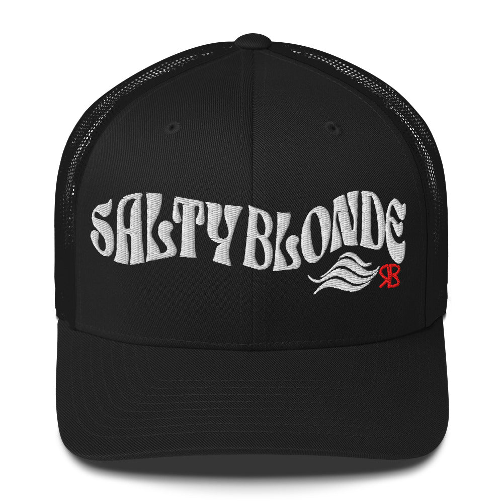 Black trucker cap with 'Salty Blonde in white Solino display font. Branded RB in red