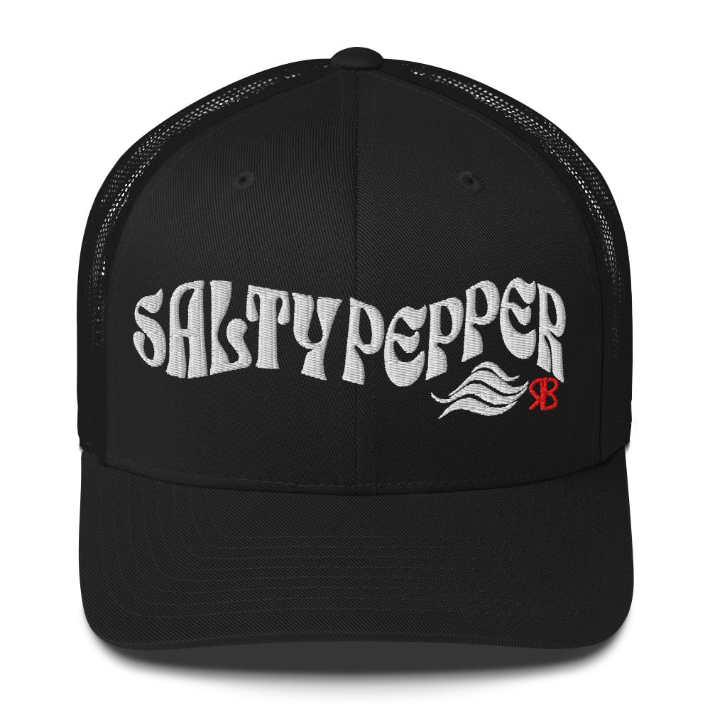 Black trucker cap with 'Salty Pepper in white Solino display font. Branded RB in red