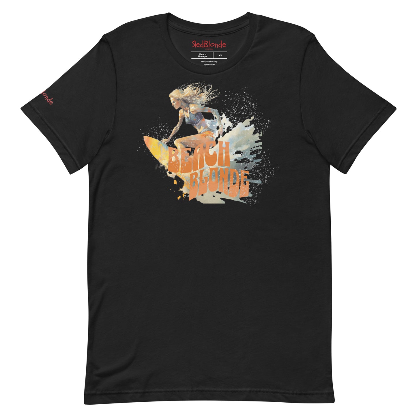 Black unisex relaxed fit t-shirt featuring a graphic of a blonde woman surfing with waves splashing around her and the words "BEACH BLONDE" in bold orange Solino Display font. Branded RedBlonde London on the inside neck and right sleeve