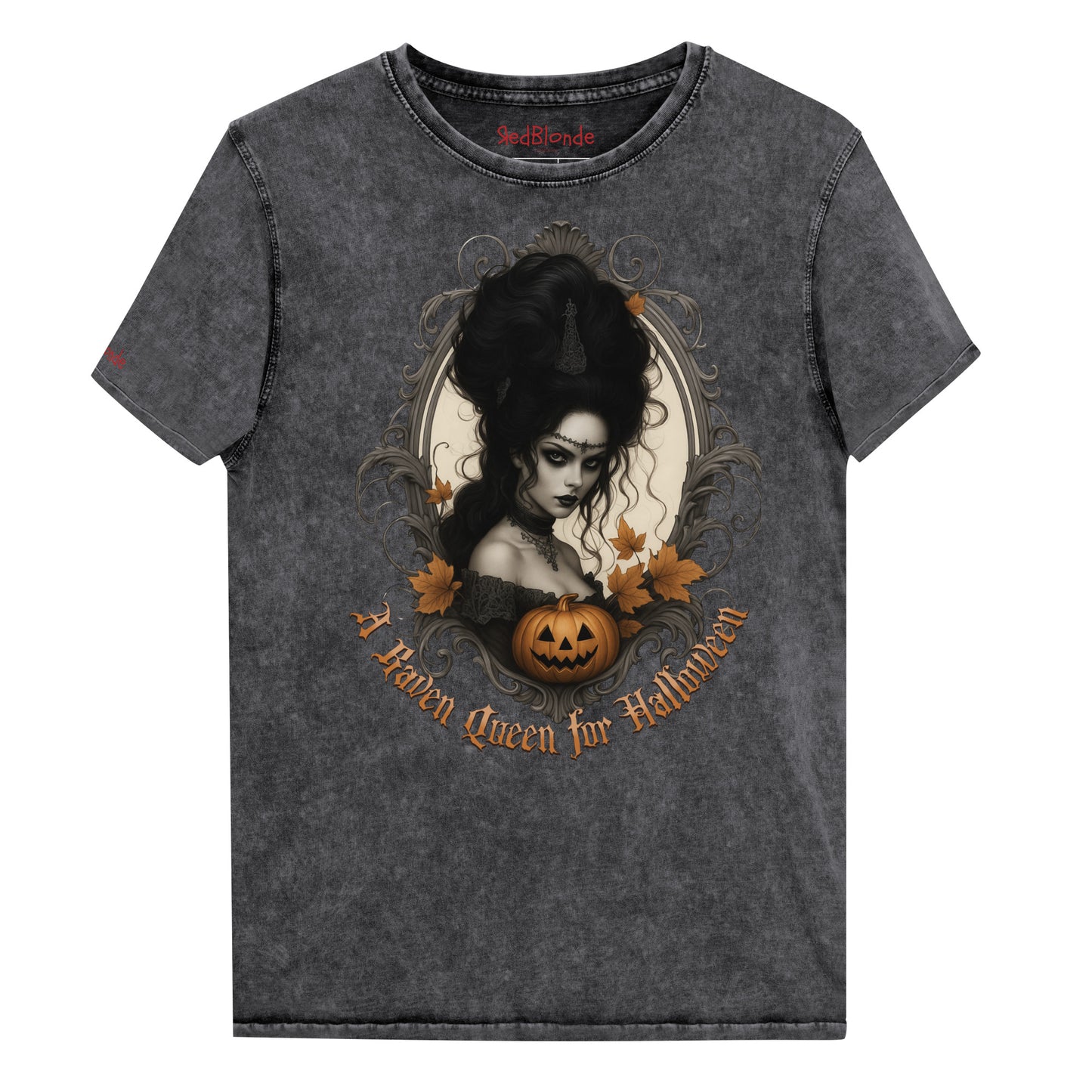 Black acid-wash unisex T-shirt featuring a gothic-style illustration of a dark-haired woman with an elaborate beehive hairstyle, framed by ornate scrollwork, autumn leaves, and a carved pumpkin. The design is captioned with the text ‘A Raven Queen for Halloween’ in vintage Dark Angle lettering. Branded RedBlonde in red on inside neck and right sleeve