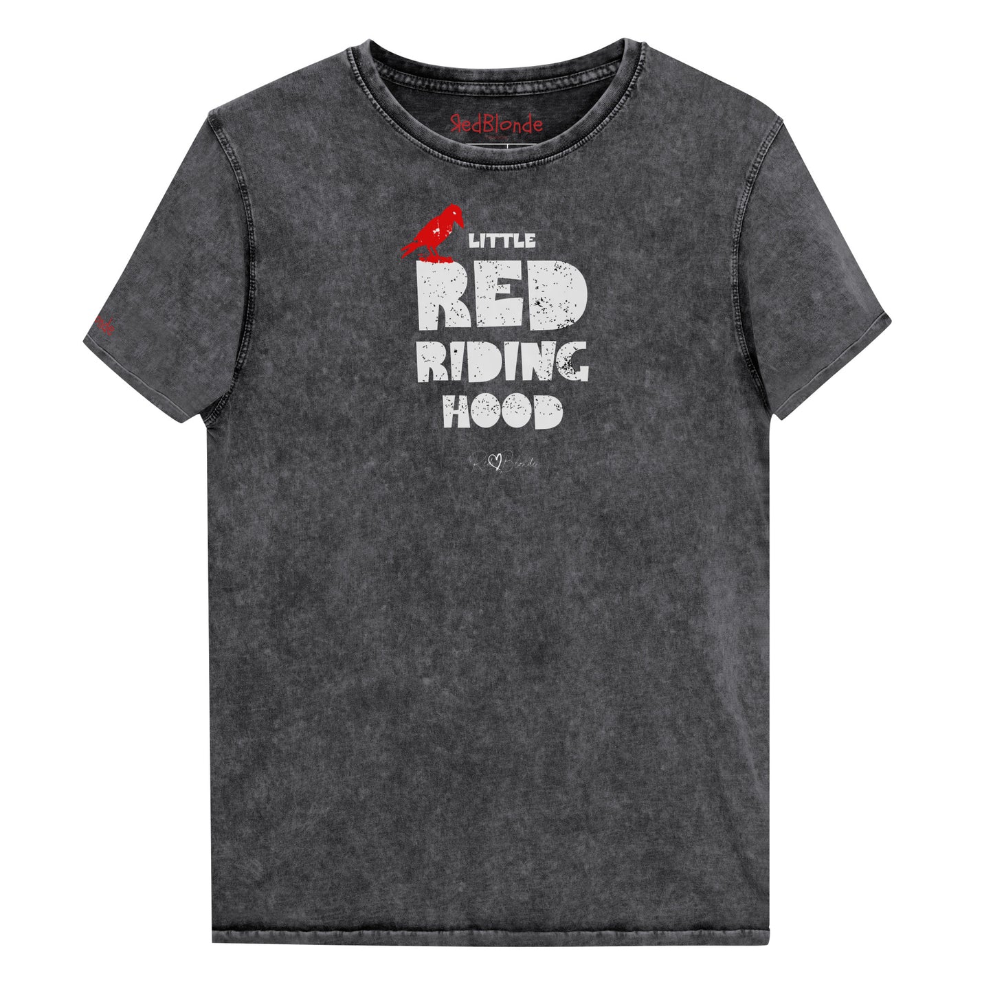 Black vintage acid wash denim look unisex t-shirt featuring bold distressed Love Birds font in white reading “Little Red Riding Hood” with a small red lack crow perched on the word “Little,” and the RedBlonde signature logo below. Branded RedBlonde London on inside neck and right sleeve