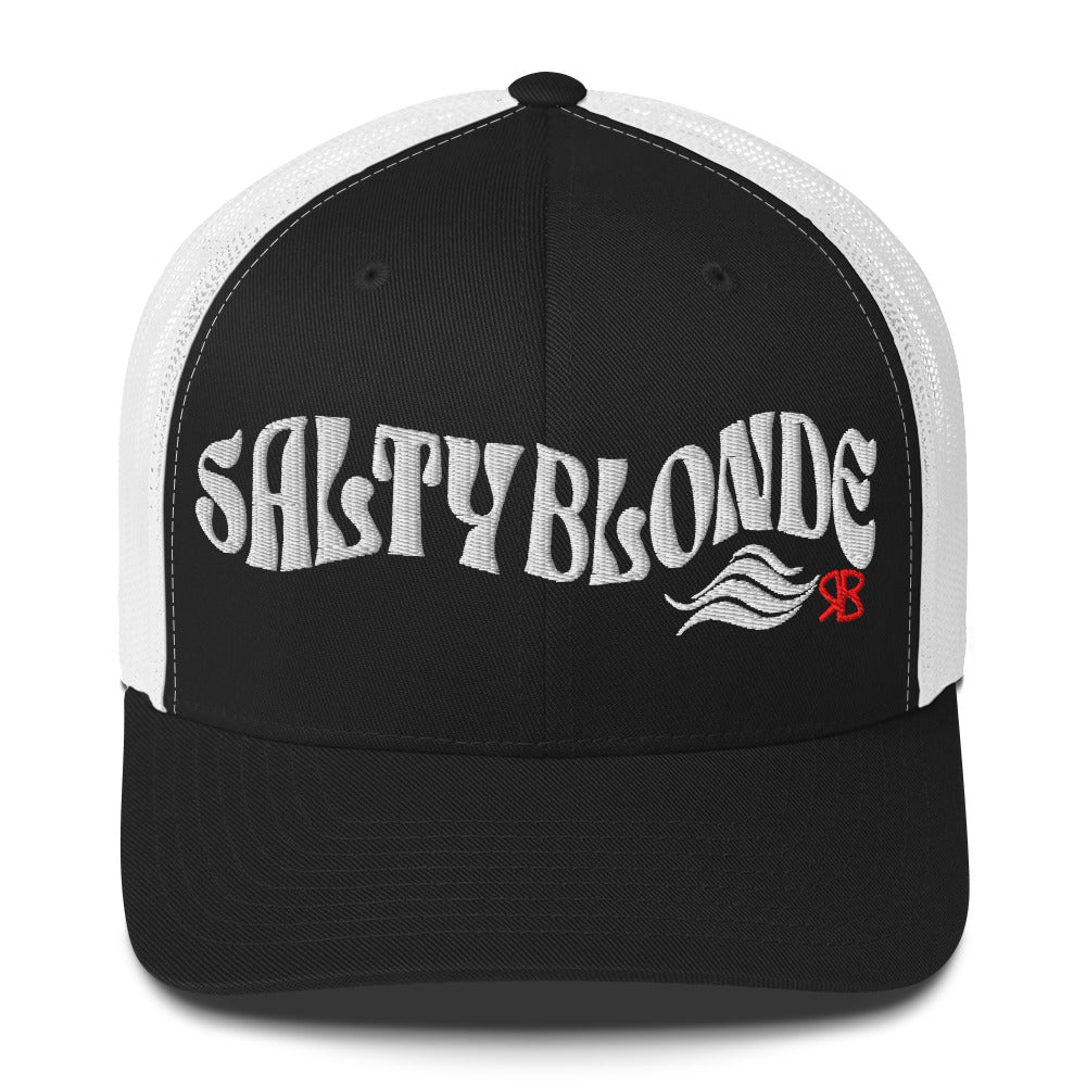 Black/white trucker cap with 'Salty Blonde in white Solino display font. Branded RB in red