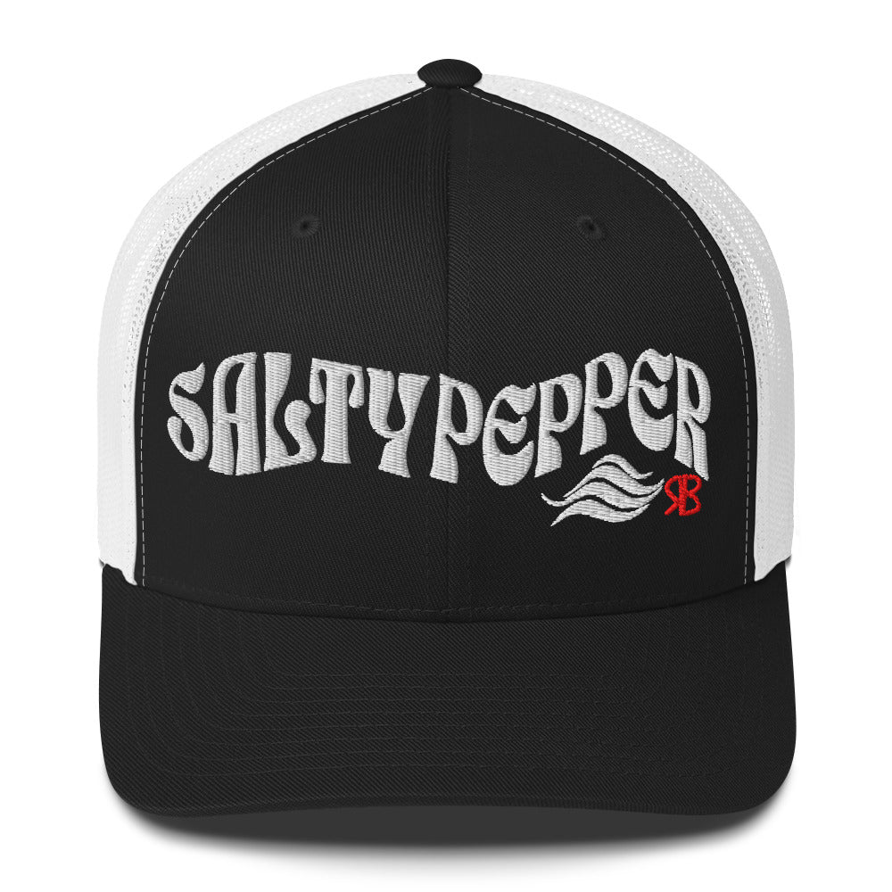 Black/white trucker cap with 'Salty Pepper in white Solino display font. Branded RB in red