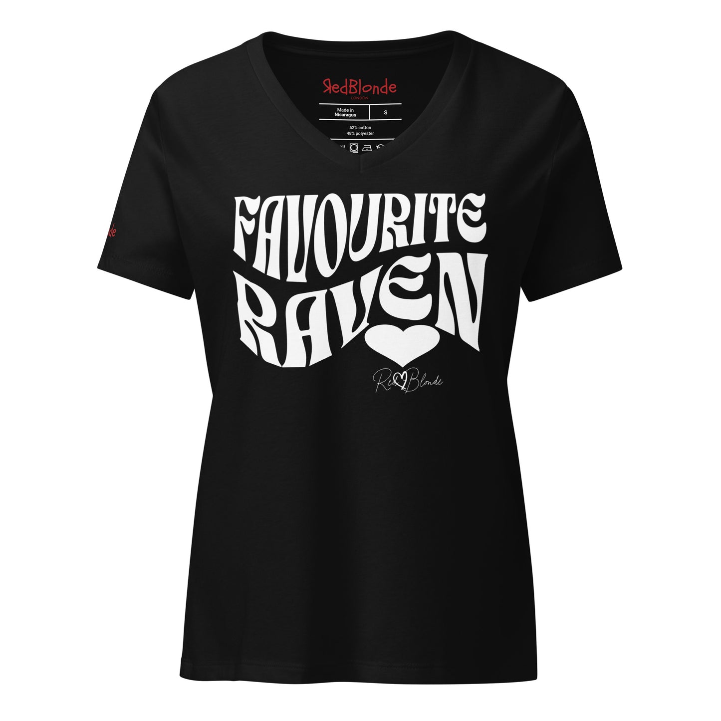 Black women's loose fit v-neck graphic t-shirt with the slogan 'Favourite Raven' in Solino Display white retro 70s wavy font. Signed with a heart and RedBlonde. Branded RedBlonde in red on inside neck and right sleeve
