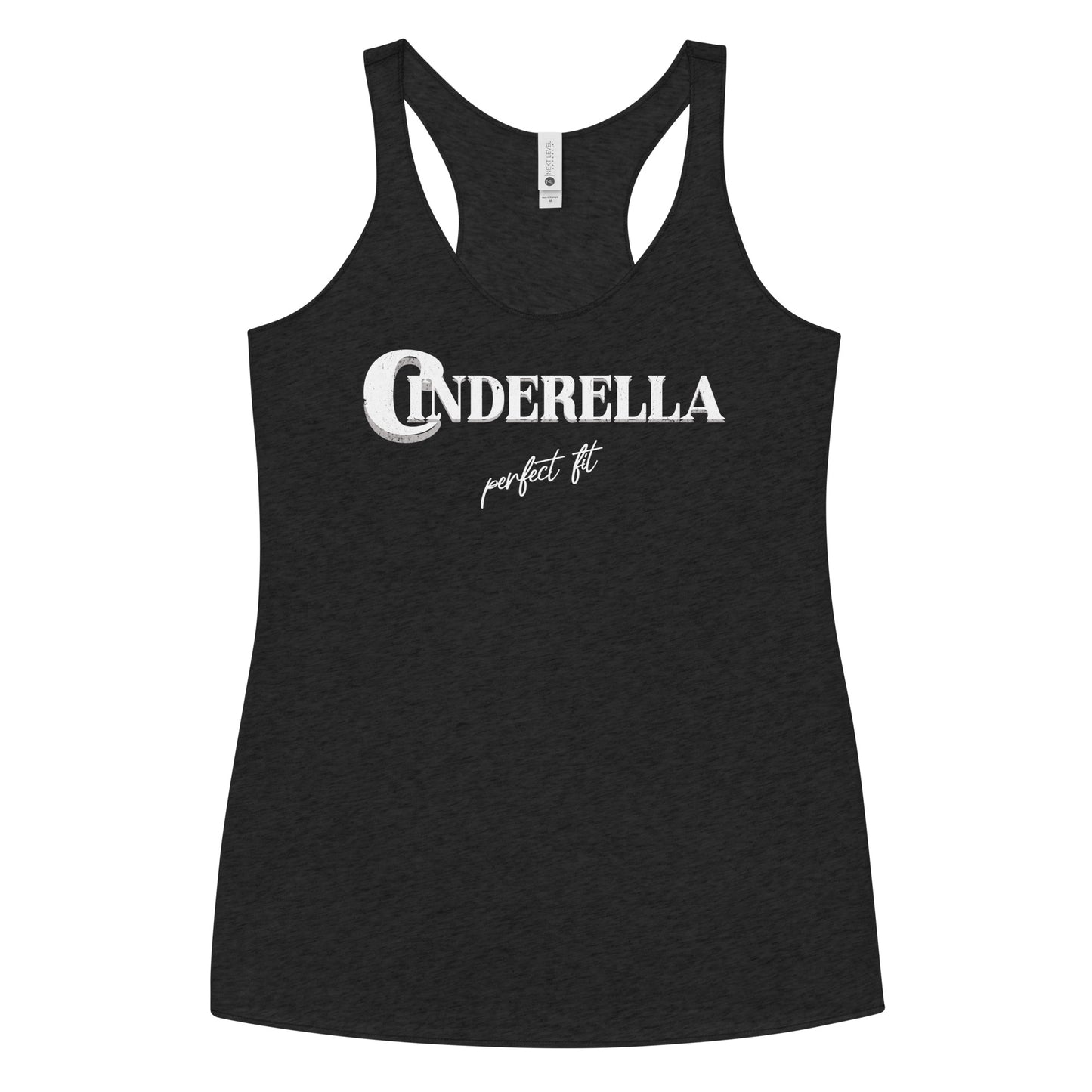 Black women’s racerback tank top featuring white merger text that reads “Cinderella” with a decorative crescent moon incorporated into the letter C, and the phrase “perfect fit” written underneath in an elegant cursive script.