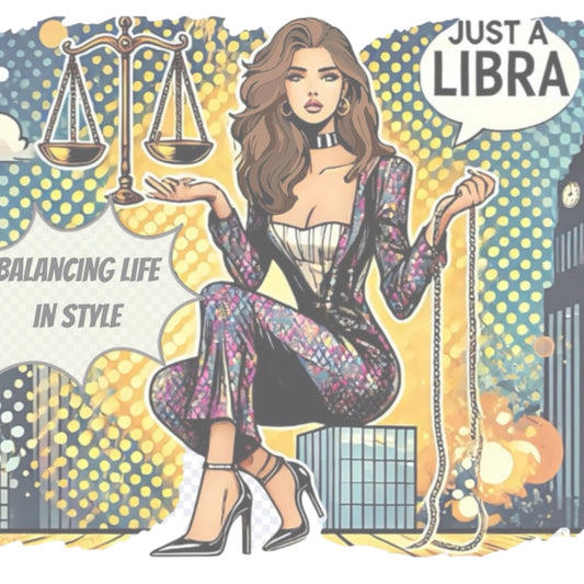 Retro pop-art brunette Libra graphic featuring a brunette woman, scales, and a city backdrop, captioned ‘Just a Libra, Balancing Life in Style’.
