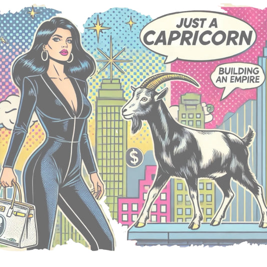 Retro pop-art Capricorn graphic featuring a black haired woman in a black catsuit, carrying a bag, with a goat and a city skyscraper backdrop, captioned ‘Just a Capricorn, Building an empire'