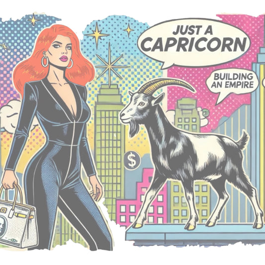 Retro pop-art Redhead Capricorn graphic featuring a redhead woman in a black catsuit, carrying a bag, with a goat and a city skyscraper backdrop, captioned ‘Just a Capricorn, Building an empire'