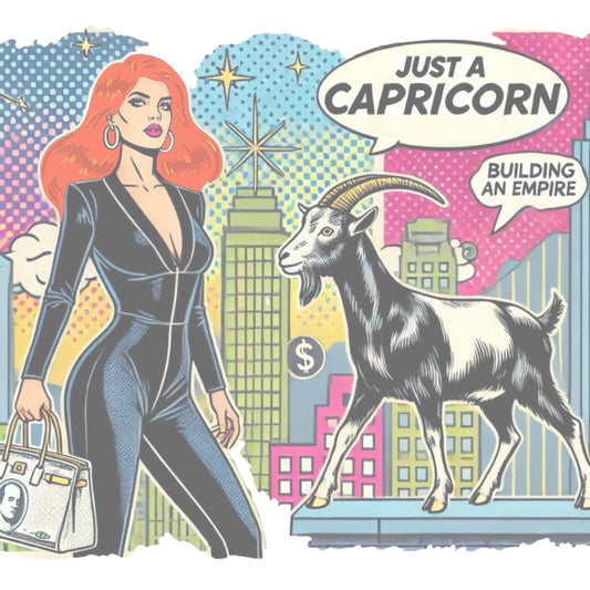 Retro pop-art Capricorn graphic featuring a red haired woman in a black catsuit, carrying a bag, with a goat and a city skyscraper backdrop, captioned ‘Just a Capricorn, Building an empire'. Branded RedBlonde on inside neck and right sleeve