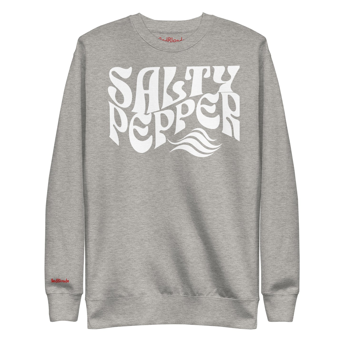 flatlay of Classic relaxed fit unisex sweatshirt in athletic light grey with 'Salty Pepper' play on words slogan in white retro wavy 70s text. Branded RedBlonde on inside neck and right cuff in red