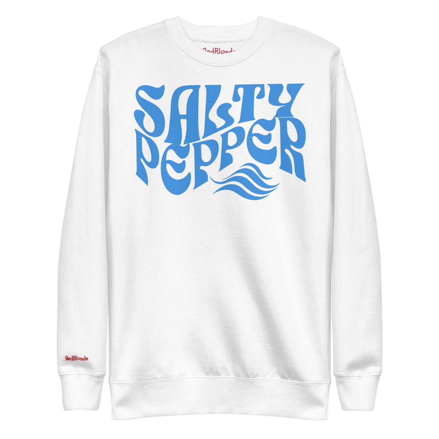 flatlay of Classic relaxed fit unisex sweatshirt in white with 'Salty Pepper' play on words slogan in blue retro wavy 70s text. Branded RedBlonde on inside neck and right cuff in red