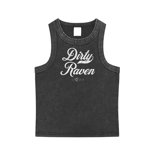 Black snow-wash tank top with raw-edge seams and the phrase ‘Dirty Raven’ printed in vintage Milkstore white font across the chest, featuring the RedBlonde logo underneath